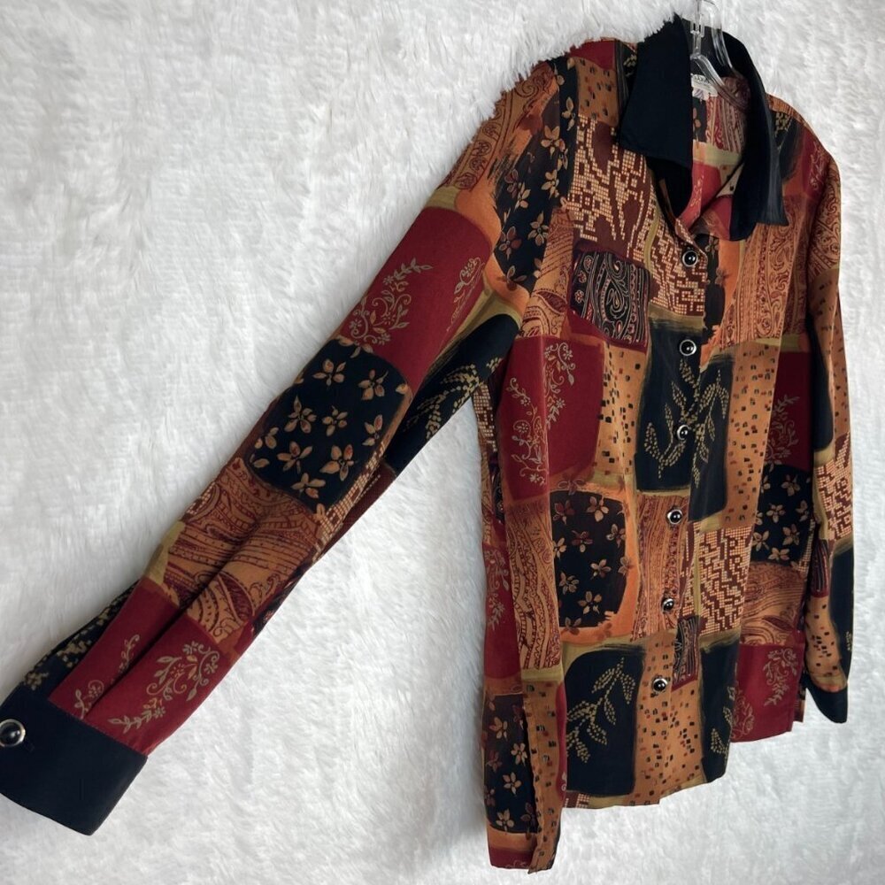 Draper's & Damon's Medium Long Sleeve Button Down Shirt Black Tan Floral Squares - Picture 3 of 8